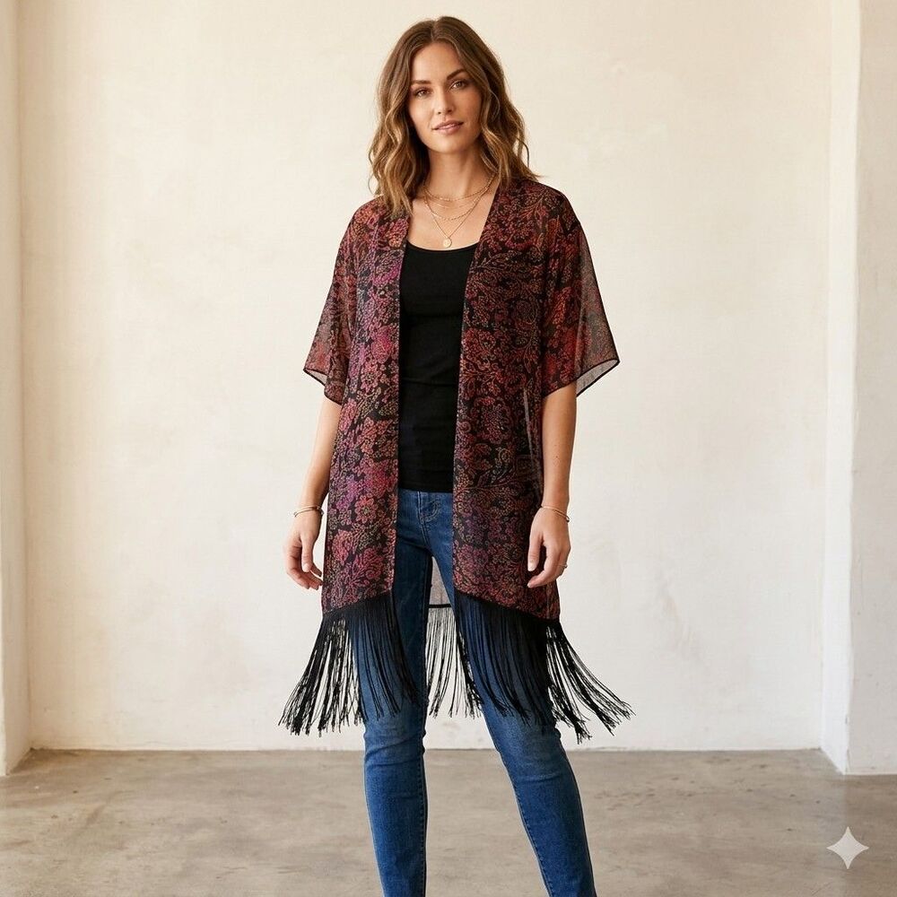 LuLaRoe Monroe Kimono S Floral Black Fringe Chiffon Wrap Cover Up Festival Boho